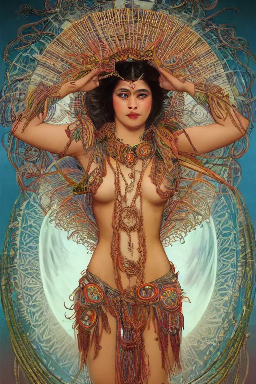 Prompt: an immaculate render of a dancing tribal goddess adorned with leaves and cables and bird wings, dancing in a temple surrounded by wild tentacles made from mandalas and incense smoke, full body, perfect face, powerful, cinematic, beautifully lit, by artgerm, by alphonse mucha, by karol bak, 3 d, trending on artstation, octane render, 8 k