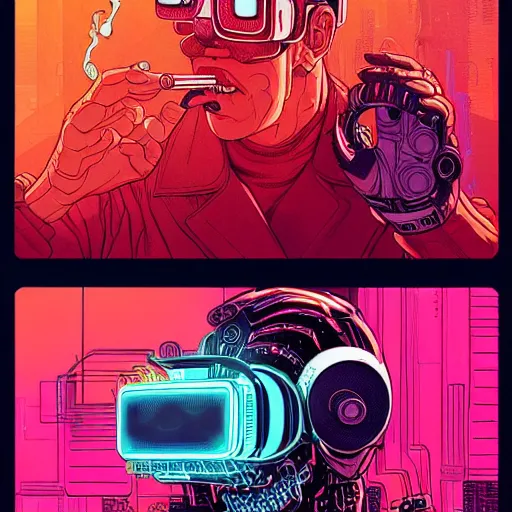 Prompt: a portrait of a cybernetic man wearing virtual reality headset, smoking a cigarette, wires, cyberpunk concept art by josan gonzales and philippe druillet and dan mumford and enki bilal and jean claude meziere