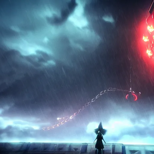 Image similar to kingdom hearts boss, cinematic, stormy night, 4 k, award winning atmosphere