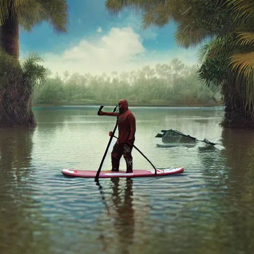 Image similar to mr worf paddleboarding in swamp by highway man painting, photorealistic, high resolution, vray, hdr, hyper detailed, insane details, intricate, elite, ornate, elegant, luxury, dramatic lighting, octane render, weta digital, micro details, 3 d sculpture