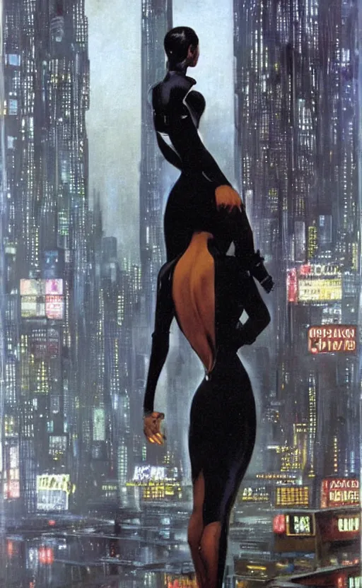 Image similar to an elegant Black woman in dress and heels, her back is to us, looking at a futuristic Blade Runner city, by Robert McGinnis.