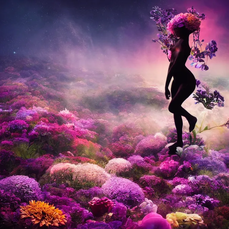 Image similar to a planet of various flowers, fungus and plants, in which the human figure is dressed in something magical and impressive, inside the picture is infinity, sunset light, Atmospheric phenomenon, artistic photography, muted colors, conceptual, long exposure outside the city