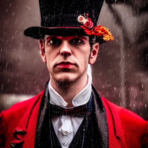 Image similar to cinestill 5 0 d candid photographic portrait by david cronenberg of baroque steampunk cyborg gentleman wearing a red edwardian suit and top hat, floral growths, modern cyberpunk moody emotional cinematic, closeup, pouring rain menacing lights shadows, 8 k, hd, high resolution, 3 5 mm, f / 3 2, ultra realistic faces, ex machina