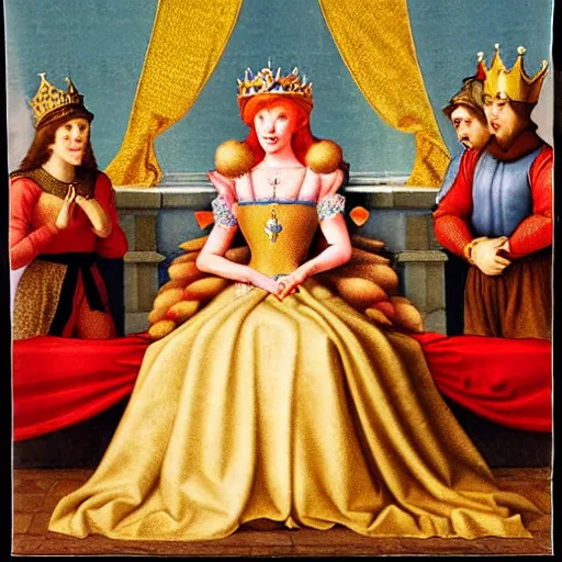 Image similar to young princess peach crowned empress of the mushroom kingdom, renaissance style, coronation, cinematic lighting, 1 6 th century,