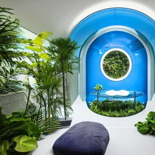 Image similar to a large blue futuristic room, startrek style, filled with plants, vegetation, rocks and a swimming pool.