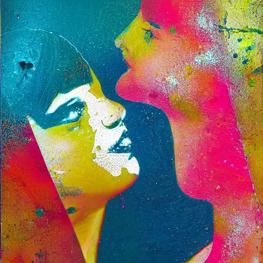 Image similar to double exposure of two women kissing ( closeup ) and an abstract painting, lomography. this photograph is subsequently printed out and splattered with paint. mixed media collage art with magazines and found art