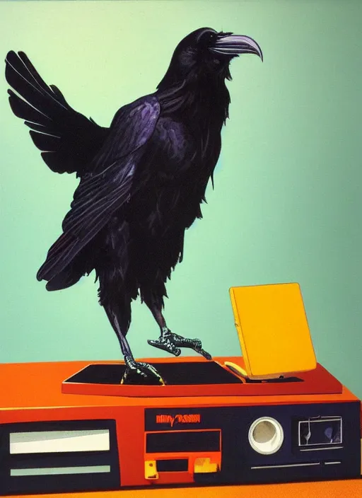 Image similar to a raven digging through 8 0 s era technology, vintage shapes, retro technology, happy color, wayne barlow, oil on canvas, deep depth of field, masterpiece, cinematic composition, hyperdetailed