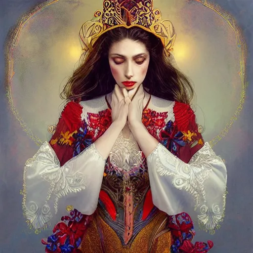 Prompt: beautiful brunette lady in white embroidered shirt, national costume of venezuela, filigree crown with red, blue and yellow textile orchid flowers, intricate, elegant, digital painting, art nouveau, soft, soft, focus, edge light, charlie bowater, tom bagshaw, greg rutkowski