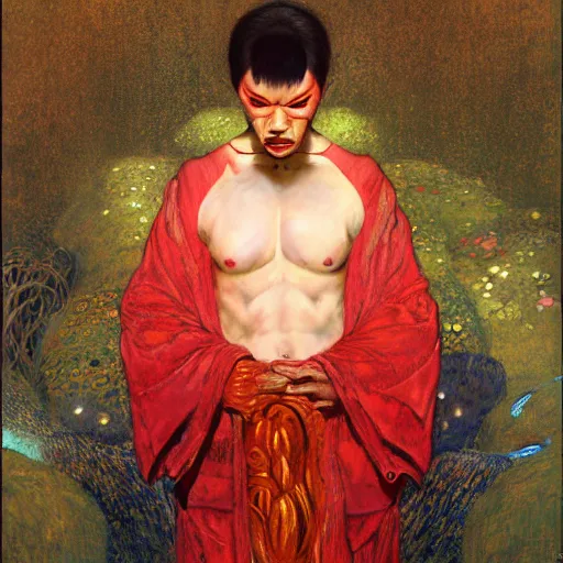 Image similar to a portrait of a male mutant in a red kimono in the sewers. furaffinity furry art detailed face painting by gaston bussiere craig mullins jc leyendecker gustav klimt artgerm greg rutkowski furry