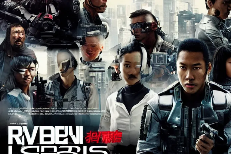 Image similar to movie diverse interracial team of Japanese sci-fi futuristic robbers armed with rifles interior clean futuristic tactical van, cyberpunk city, beautiful skin, Symmetrical faces. natural lighting by Emmanuel Lubezki