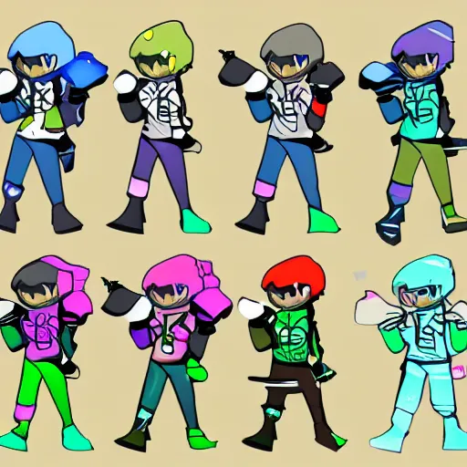 Image similar to Splatoon character concept art, colored lineart, character reference sheet