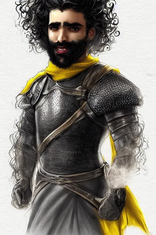 Image similar to Arab man light beard, curly hair, knight, hero, leather , yellow and charcoal, character concept art, costume design, trending on artstation, Artgerm , WLOP