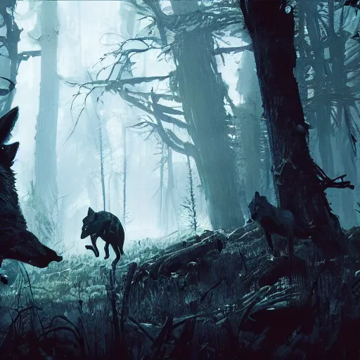 Prompt: forest with wolfs running by ashley wood and maciej kuciara and john harris