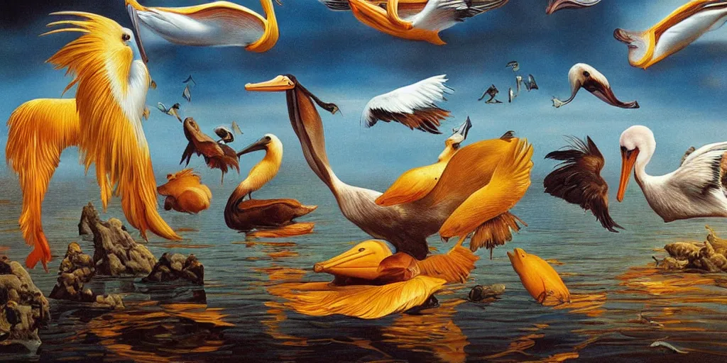 Image similar to floating goldfish, pelicans and a human couple in an alien landscape by salvador dali and gerald brom, hyper realistic