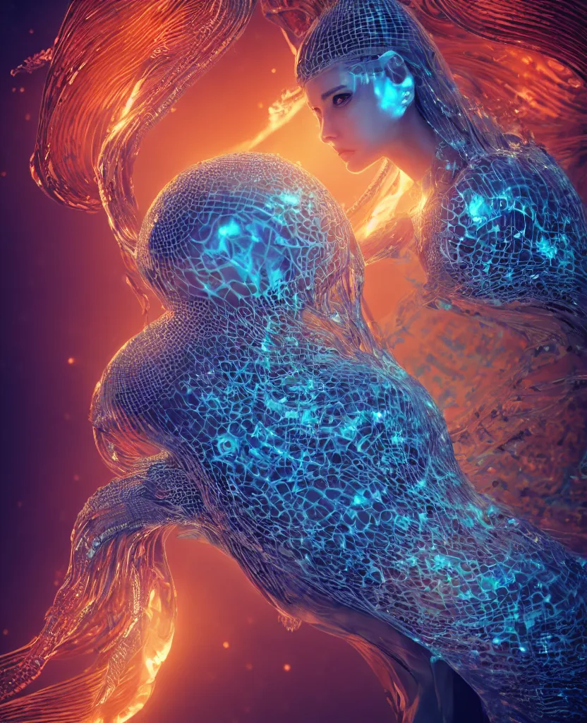 Image similar to close-up macro portrait of the face of a beautiful princess, epic angle and pose, symmetrical artwork, 3d with depth of field, blurred background, cybernetic jellyfish female face skull phoenix bird, translucent, nautilus, energy flows of water and fire. a highly detailed epic cinematic concept art CG render. made in Maya, Blender and Photoshop, octane render, excellent composition, cinematic dystopian brutalist atmosphere, dynamic dramatic cinematic lighting, aesthetic, very inspirational, arthouse. y Greg Rutkowski, Ilya Kuvshinov, WLOP, Stanley Artgerm Lau, Ruan Jia and Fenghua Zhong