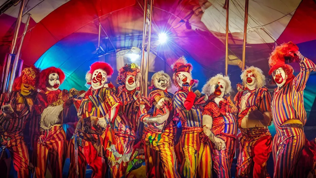 Image similar to of a gang of circus clowns, drinking alcohol, inside a circus tent, 4K