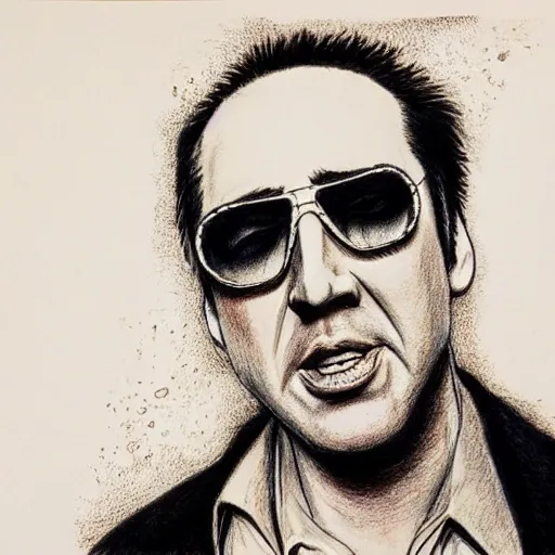 Prompt: Nicholas Cage in Fear and Loathing in Las Vegas, detailed ballpoint drawing with water color background