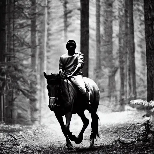 Image similar to Kanye West riding a horse in the forest, 35mm, photorealistic, studio light, noire