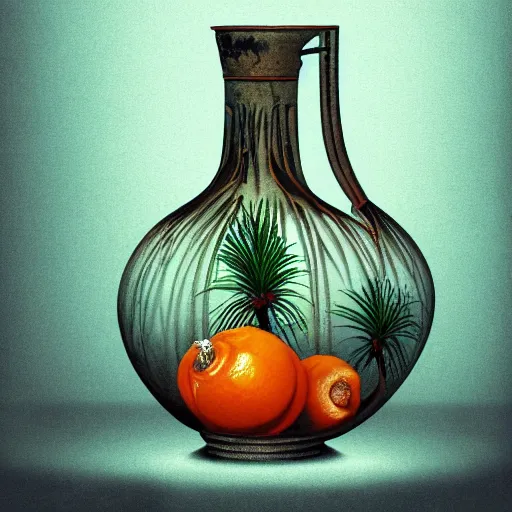 Image similar to still art, antique jug with palms inside, old candle, much vegetables, lemon, orange, pepper, cinematic light, detailed, digital art, concept art, trending on artstation, highly detailed, intricate, sharp focus, digital art, 8 k