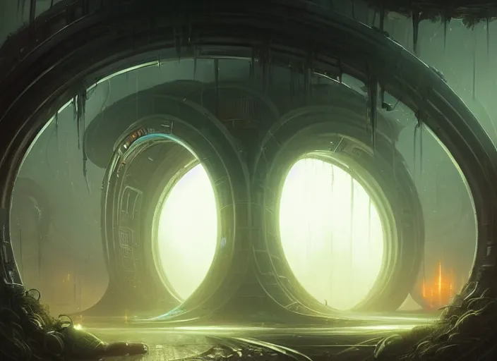 Image similar to a circular portal structure in the centre of an abandoned and overgrown alien city, beautiful curves, sci - fi, fantasy, golden ratio, epic lighting, unusual composition, messy brush strokes, very detailed, 4 k, in the style of blade runner and peter mohrbacher, ominous vibes, harsh lighting