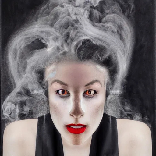 Prompt: full shot of a woman made from white smoke, hair made from black ink fluid in oil, style of roset conrad photo-realistic maximalist hyperrealism illustrated with gouache