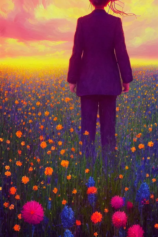 Image similar to closeup, giant flower head, girl in suit standing in a field of flowers, surreal photography, sunrise, blue sky, dramatic light, impressionist painting, digital painting, artstation, simon stalenhag