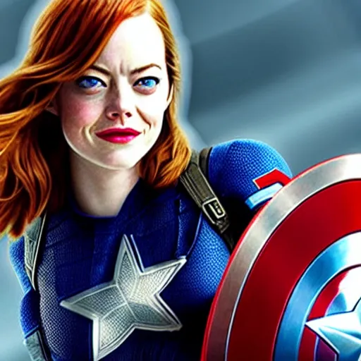 Image similar to Emma Stone as captain America with avengers