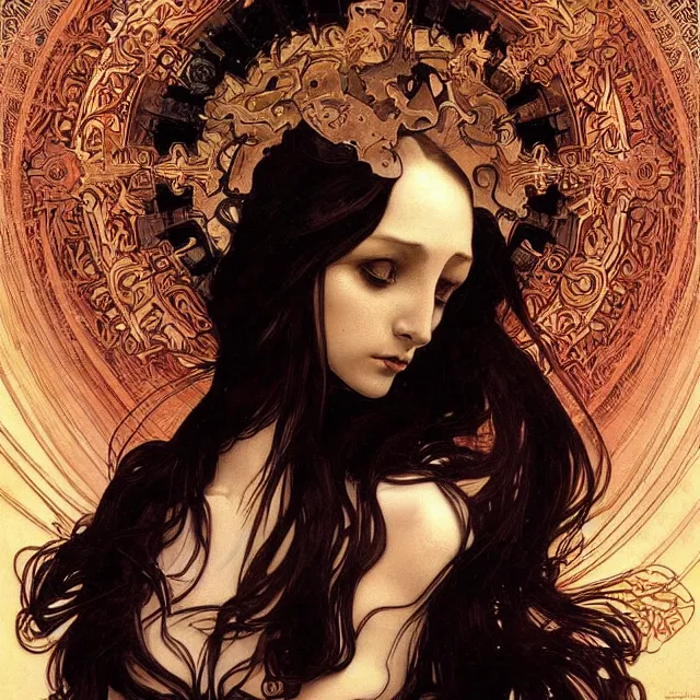 Prompt: A portrait of A beautiful! angel in black flames!! by Ross Tran!!! and alphonse mucha and greg rutkowski! and gustav doré! and Zdzisław Beksiński!,In style of digital art illustration.Symmetry.Highly detailed face.Fantasy,smooth,hyper detailed,sharp focus,Soft light.trending on artstation.