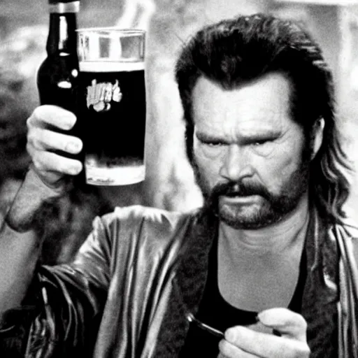 Prompt: deleted scene from Big trouble in little China, cinematic still, Jack Burton drinking beer, amazing shot
