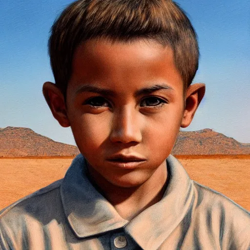 Image similar to a detailed portrait of a boy in the desert, art illustration, incredibly highly detailed and realistic, 8 k, sharp focus