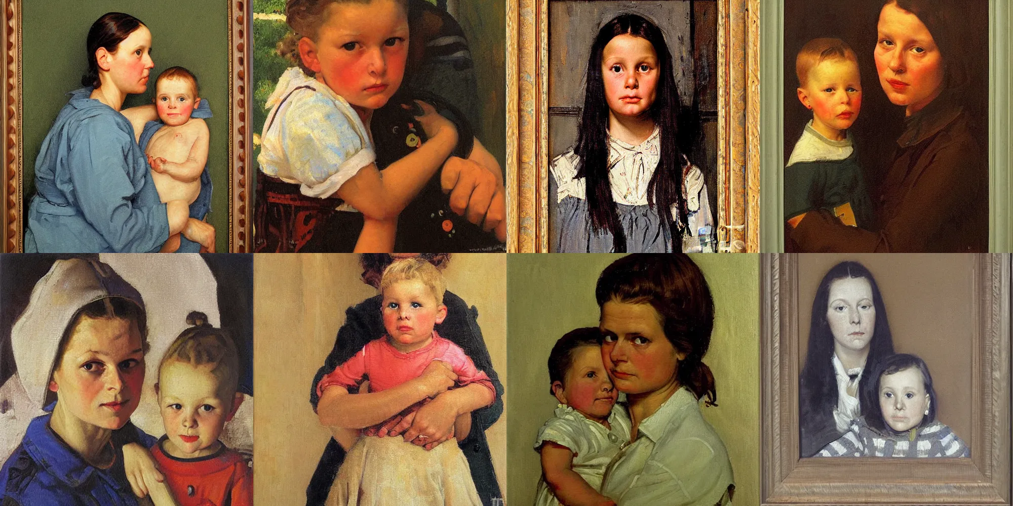 Prompt: symmetrical oil painting portrait of woman with child by norman percevel rockwell