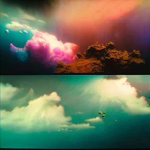 Image similar to film photography of a wooden space station in front of colourful underwater clouds by Kim Keever, low shutter speed, 35mm