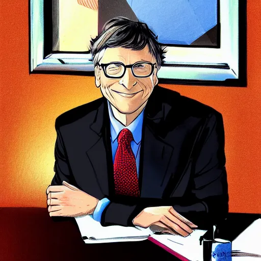 Prompt: Bill gates wearing Rin Tohsaka's clothing, drawn in the style of Stanley Artgerm Lau, extremely detailed