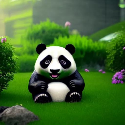 Image similar to a panda lawnmowing in his garden, cinematic, ray traced, octane render, cinematic lighting, ultrarealistic, featured on artstation, 8 k uhd artwork