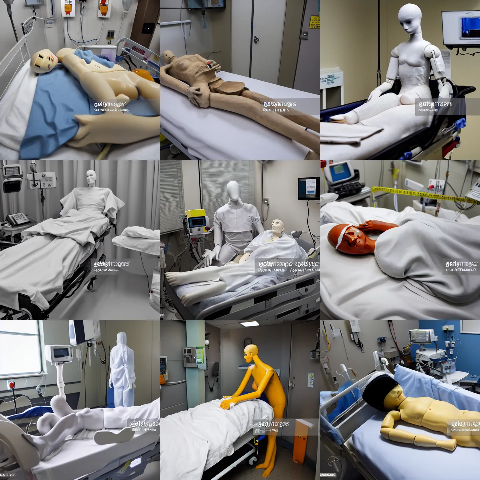 Prompt: crash test mannequin in hospital bed, news photography