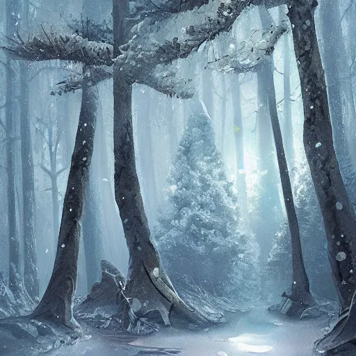 Image similar to a painting of a forest with lots of snow flakes, a detailed matte painting by shin yun - bok, cgsociety contest winner, fantasy art, bioluminescence, speedpainting, concept art