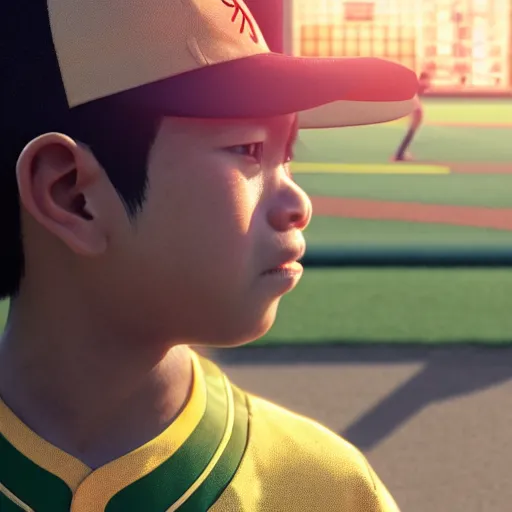 Image similar to a boy hitting a homerun in a baseball game on an idyllic beautiful summer day. Close up. Asian boy with black hair and green eyes. Lens flare. Golden hour. Craig Mullins. Ruan Jia Makoto shinkai.