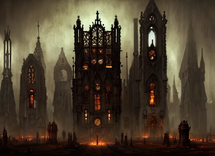 Image similar to steam necropolis, memento mori, gothic, neo - gothic, art nouveau, hyperdetailed copper patina medieval icon, stefan morrell, philippe druillet, ralph mcquarrie, concept art, steampunk, unreal engine, detailed intricate environment, octane render, moody atmospherics, volumetric lighting, ultrasharp, ominous, otherworldly