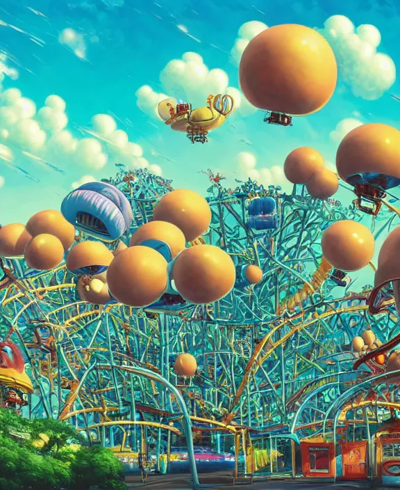 Prompt: a puffy inflated amusement park made out of seamless alien creatures, in the style of an aerodynamic obese robot, overgrown with thick orchids, partly cloudy, sun - drenched, dramatic lighting, by dan mumford, yusuke murata, makoto shinkai, ross tran, cinematic, unreal engine, cel shaded, featured on artstation, pixiv