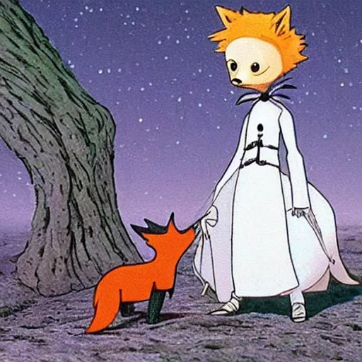 Prompt: the little prince talking to the fox, the nightmare before christmas art style, movie shot