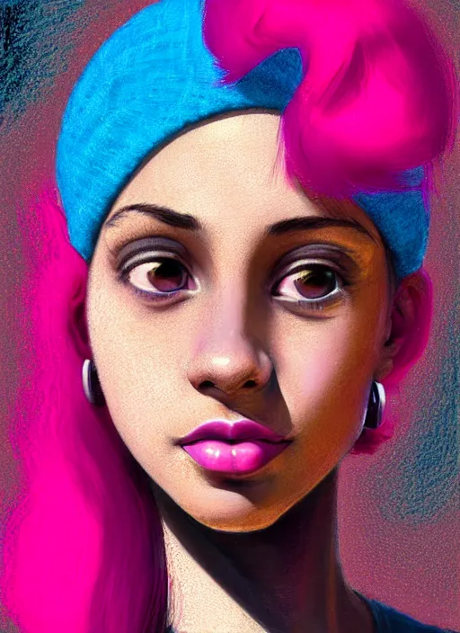 Image similar to portrait of teenage vanessa morgan with bright pink hair, black girl, curly pixie cut hair, wearing newsboy cap, pink short haircut, newsboy cap, hoop earrings, blue eyes, intricate, elegant, glowing lights, highly detailed, digital painting, artstation, concept art, smooth, sharp focus, illustration, art by wlop, mars ravelo and greg rutkowski