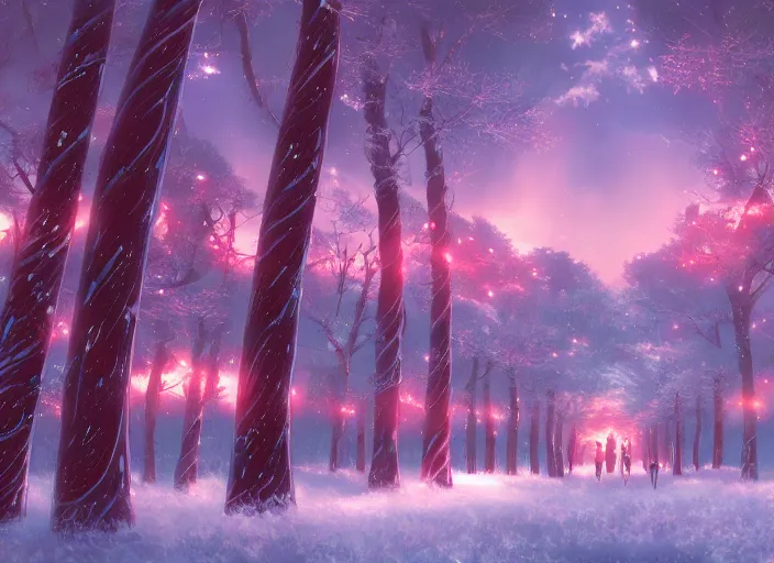 Image similar to lost in a candycane forest, anime scenery by Makoto Shinkai