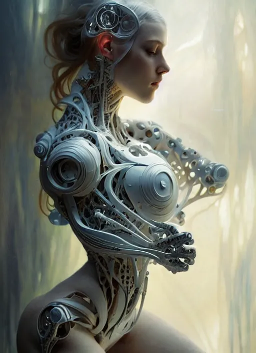 Prompt: organic cyborg, white plastic, diffuse lighting, fantasy, intricate, elegant, highly detailed, lifelike, photorealistic, digital painting, artstation, illustration, concept art, smooth, sharp focus, art by John Collier and Albert Aublet and Krenz Cushart and Artem Demura and Alphonse Mucha