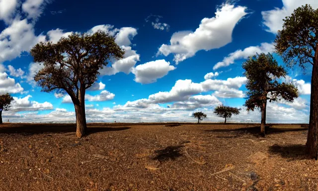 Image similar to panorama of big raindrops flying upwards into the perfect cloudless blue sky from a dried up river in a desolate land, dead trees, blue sky, hot and sunny highly-detailed, elegant, dramatic lighting, artstation, 4k, cinematic landscape, photograph by National Geographic