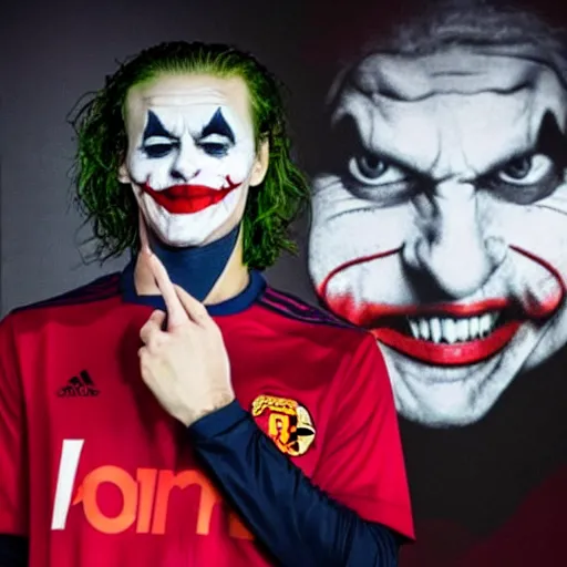 Prompt: BBC Sports photography of a Manchester United press conference introducing the Joker, their latest signing