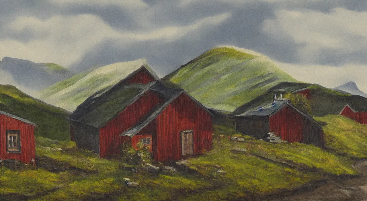 Prompt: a landscape painting of a norwegian house