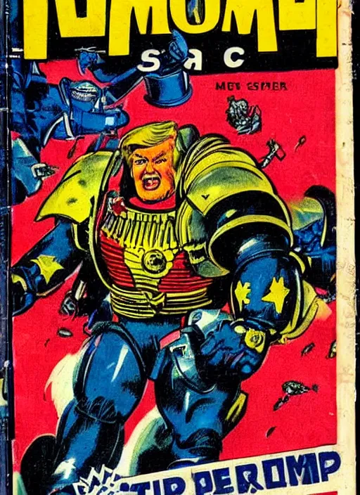 Prompt: vintage comic book cover of donald trump as a space marine from warhammer 4 k