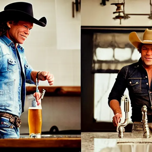 Image similar to photograph of Jon Bon Jovi with cowboy hat pouring beer from a tap into a dirty bowl in the kitchen sink