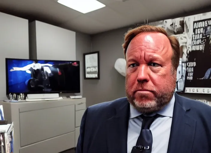 Image similar to dslr photo still of infowars host alex jones in a blue suit fat grey beard and mustache!!! sitting depressed!!! in a!!! room with a giant iphone behind him!!!, 5 2 mm f 1. 8