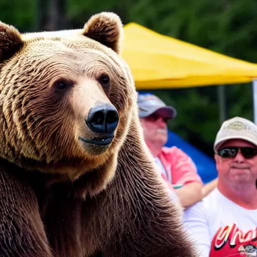 Prompt: photo of a grizzly bear at a nathan's hot dog eating competition.